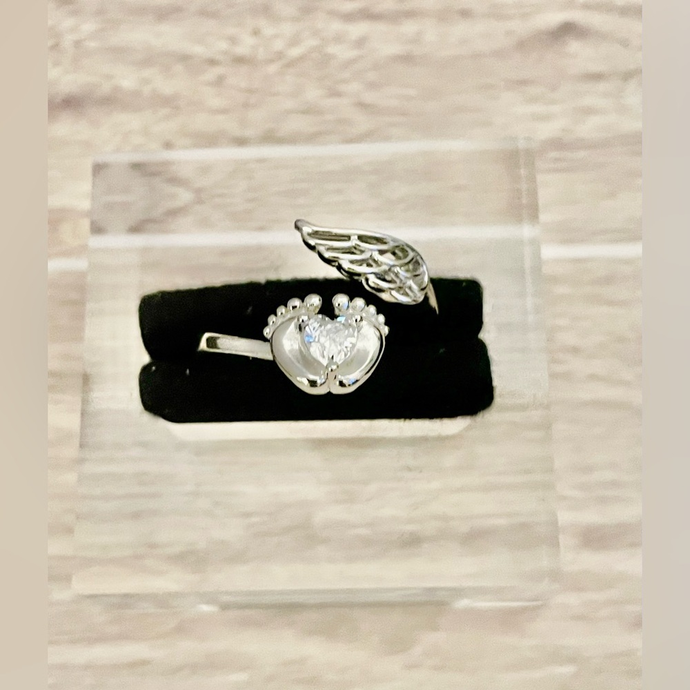👣🪽Mommy of an Angel / Footprints wings😇 Stamped S925 Silver Adjustable Ring NWT - Picture 4 of 11